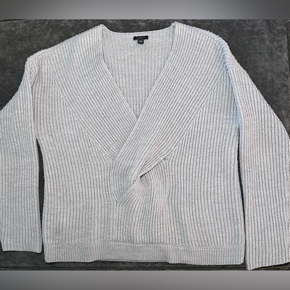 Ann Taylor Gray Ribbed Twist Knot Front V Neck Chunky Sweater, Size XL